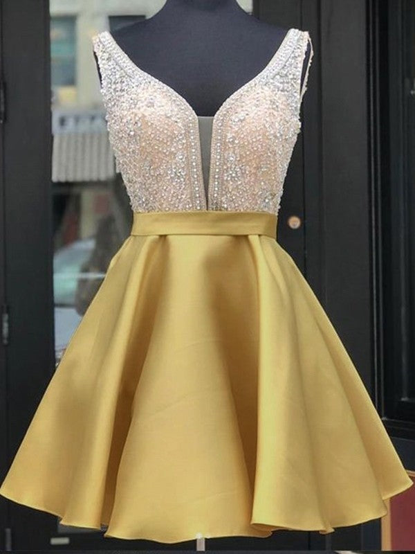 Vestidos de fiesta cortos/mini sin mangas con escote en V, de satén y cuentas en forma de A